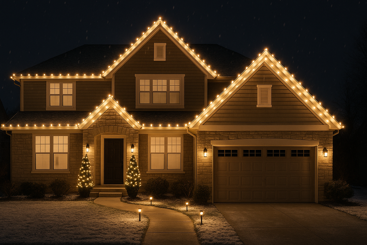 Warm roofline lighting on a family home