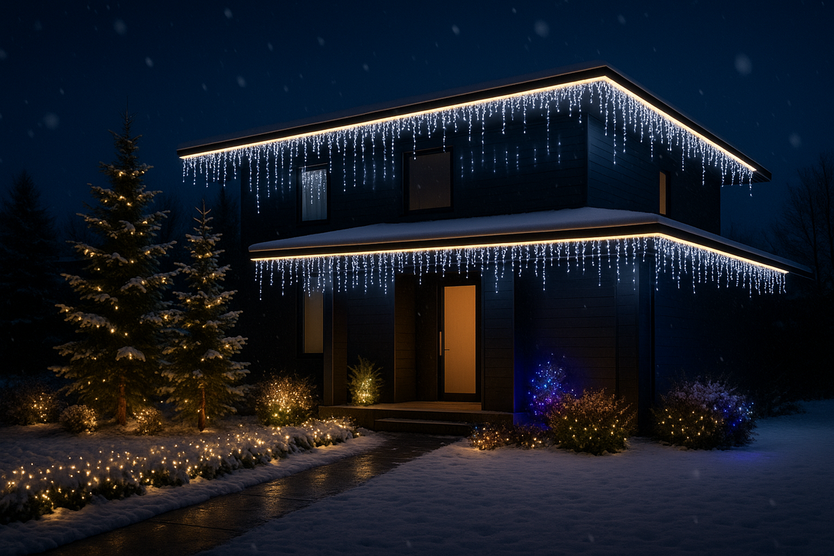 Icicle lights on a modern home